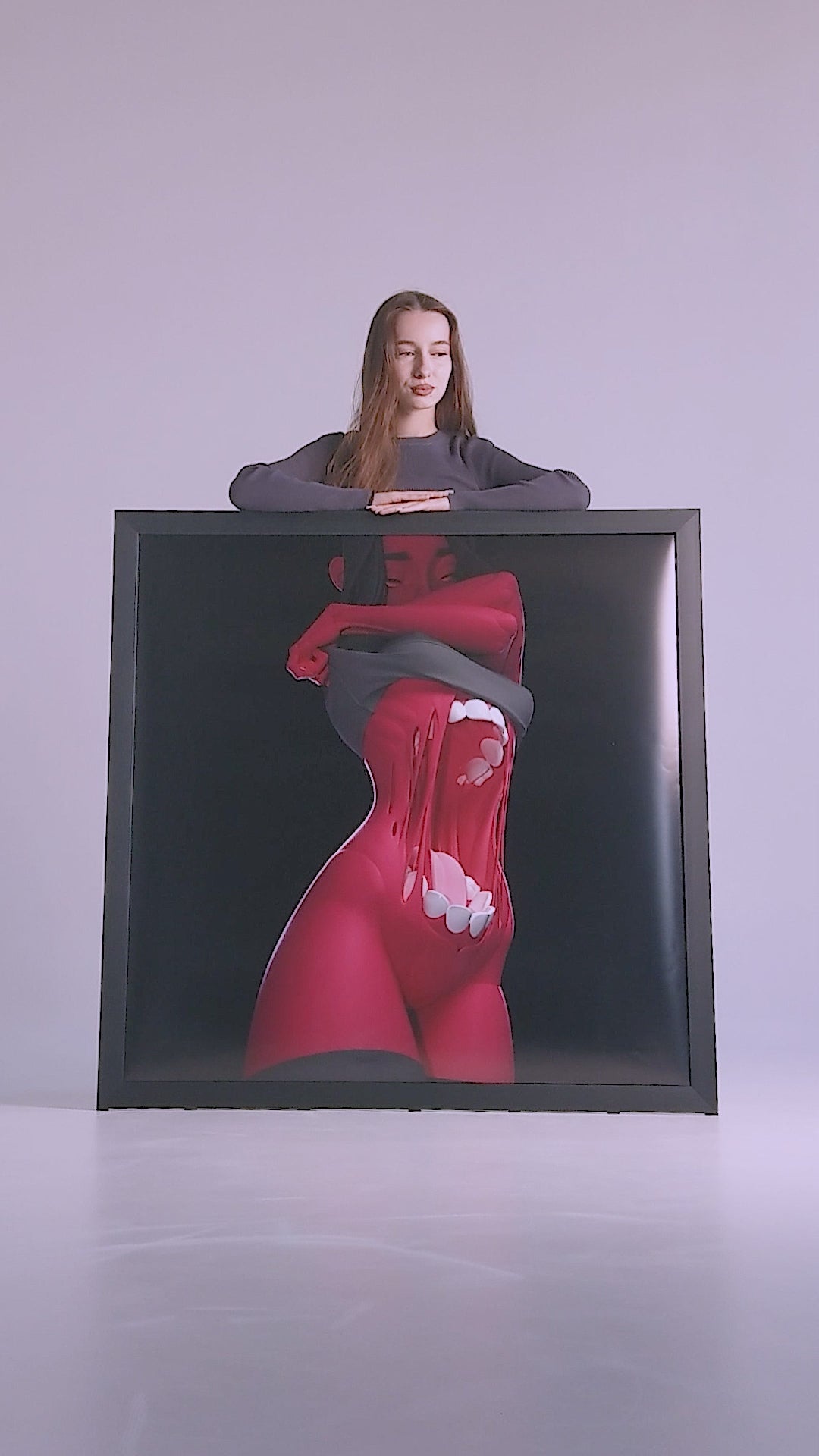 Framed surreal art print of a girl in black and red color palette