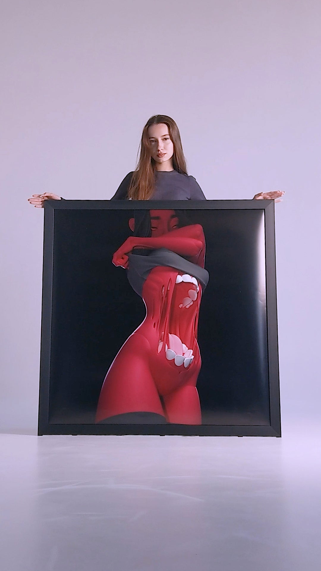 Framed surreal art print of a girl in black and red color palette