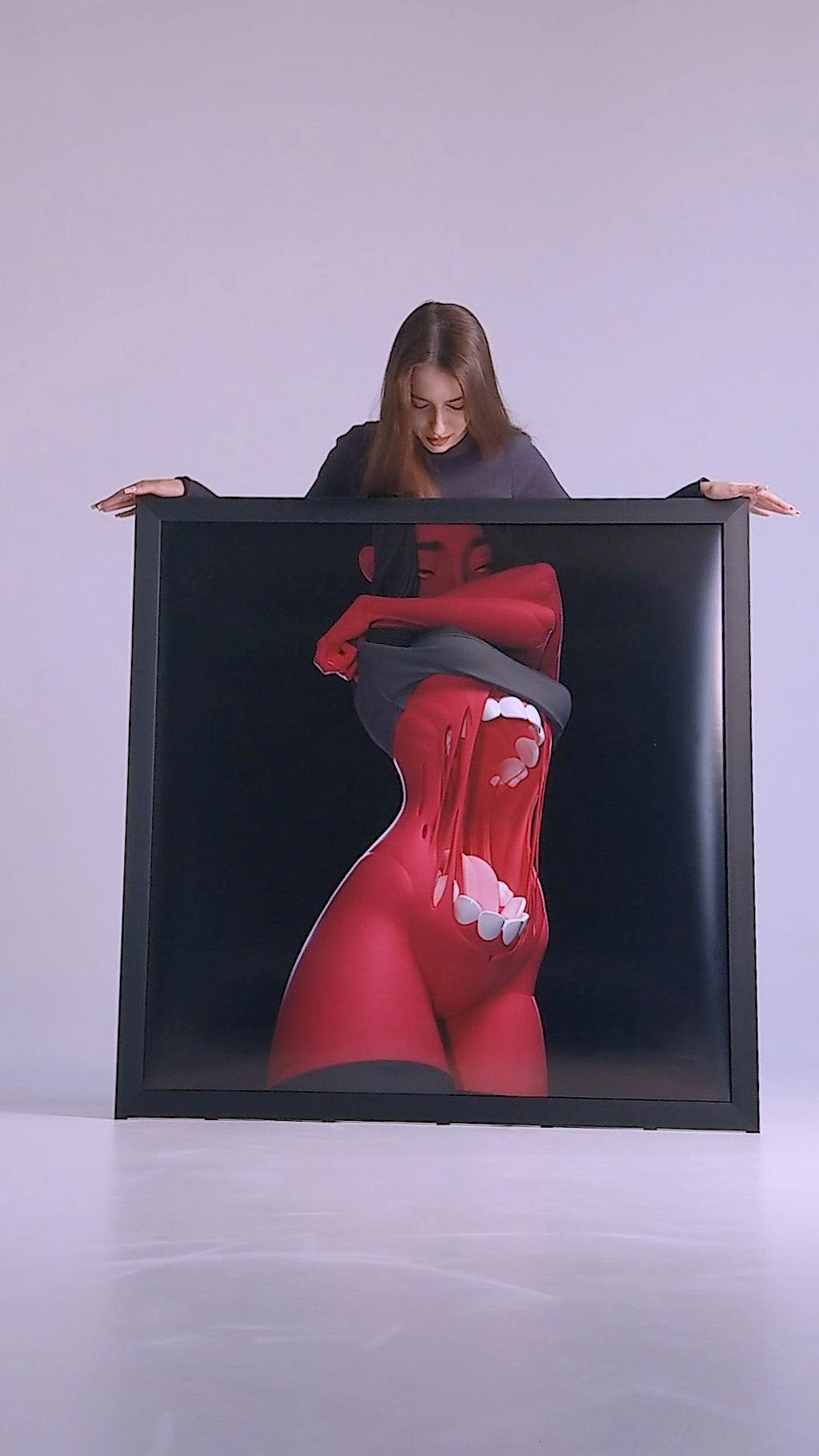 Framed surreal art print of a girl in black and red color palette