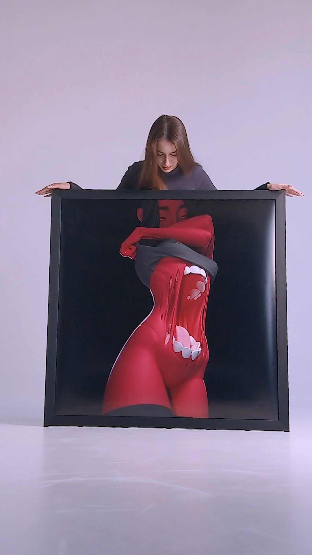 Framed surreal art print of a girl in black and red color palette